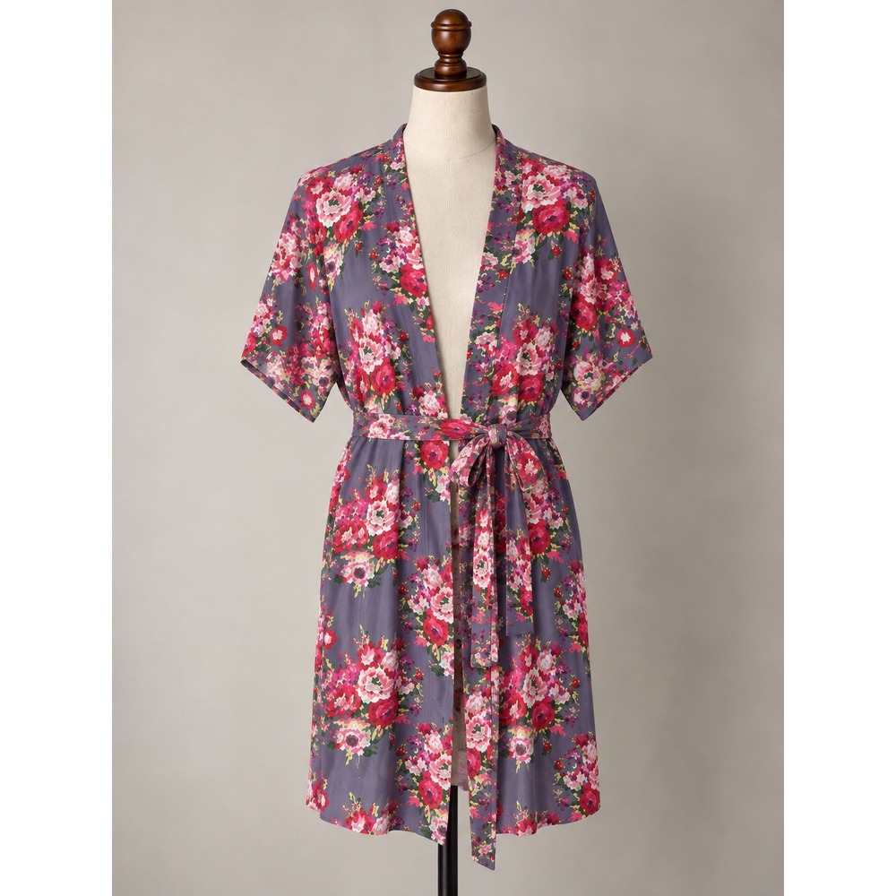 Kennedy Blue Gray Pink Floral Rayon Robe Bridesmaid Loungewear Kimono S